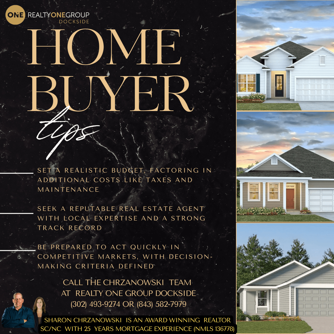 Home buyer tips graphic highlighting budgeting, choosing a reputable realtor, and quick decision-making, featuring three home images.