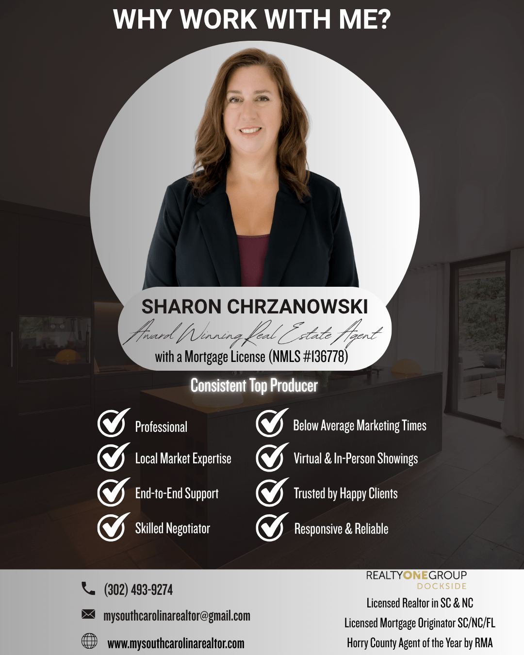 Sharon Chrzanowski, award-winning real estate agent, highlights her expertise and services with a professional portrait and key qualifications.